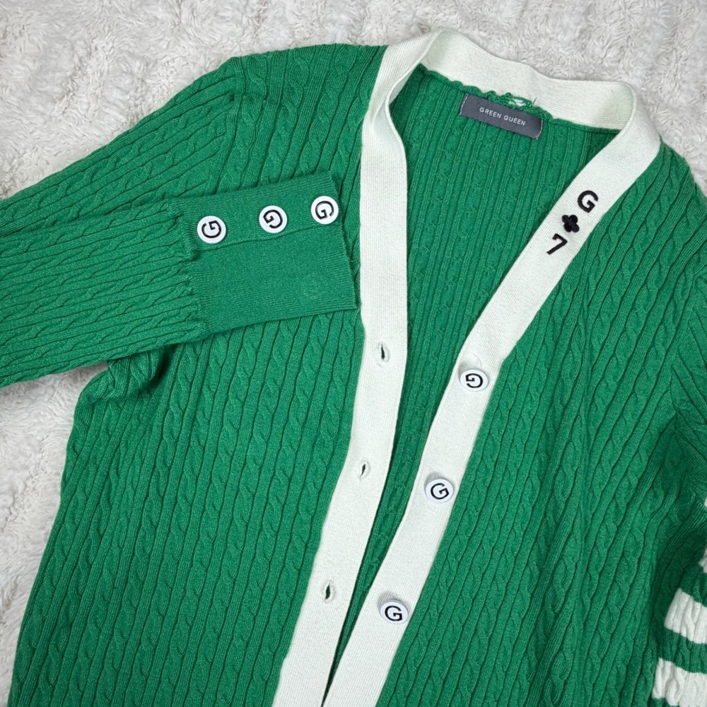 Green Queen Kelly Green Cable Knit Cardigan White Trim Preppy XL